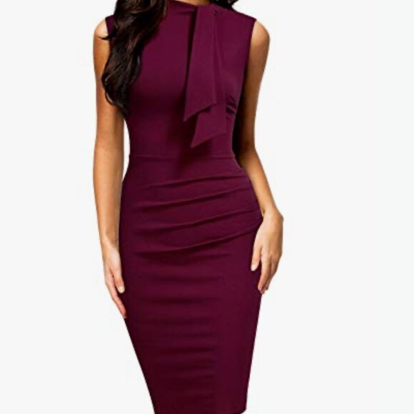 Retro 1950s Style Dress, Half Collar, Ruffle, Pencil Dress by Miusol Burgundy Sm - Picture 2 of 10